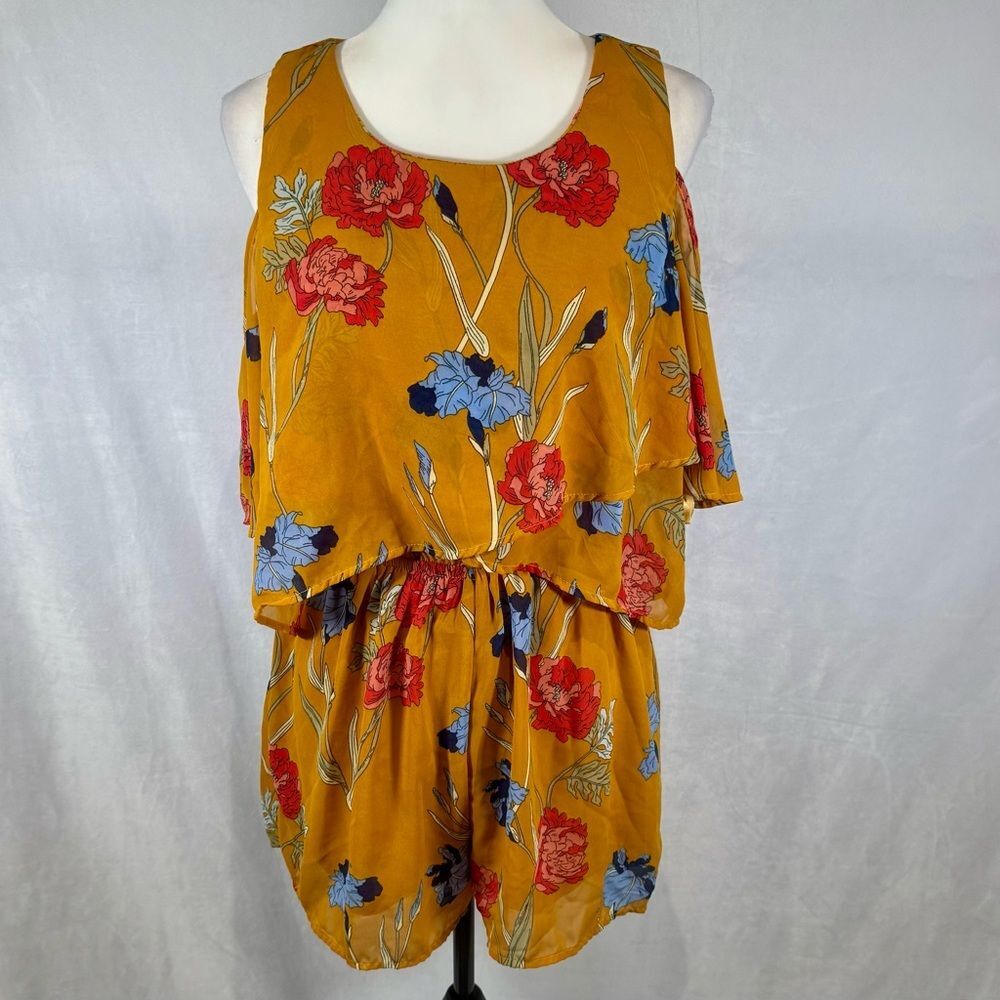 Japna mustard yellow off shoulder floral romper size large